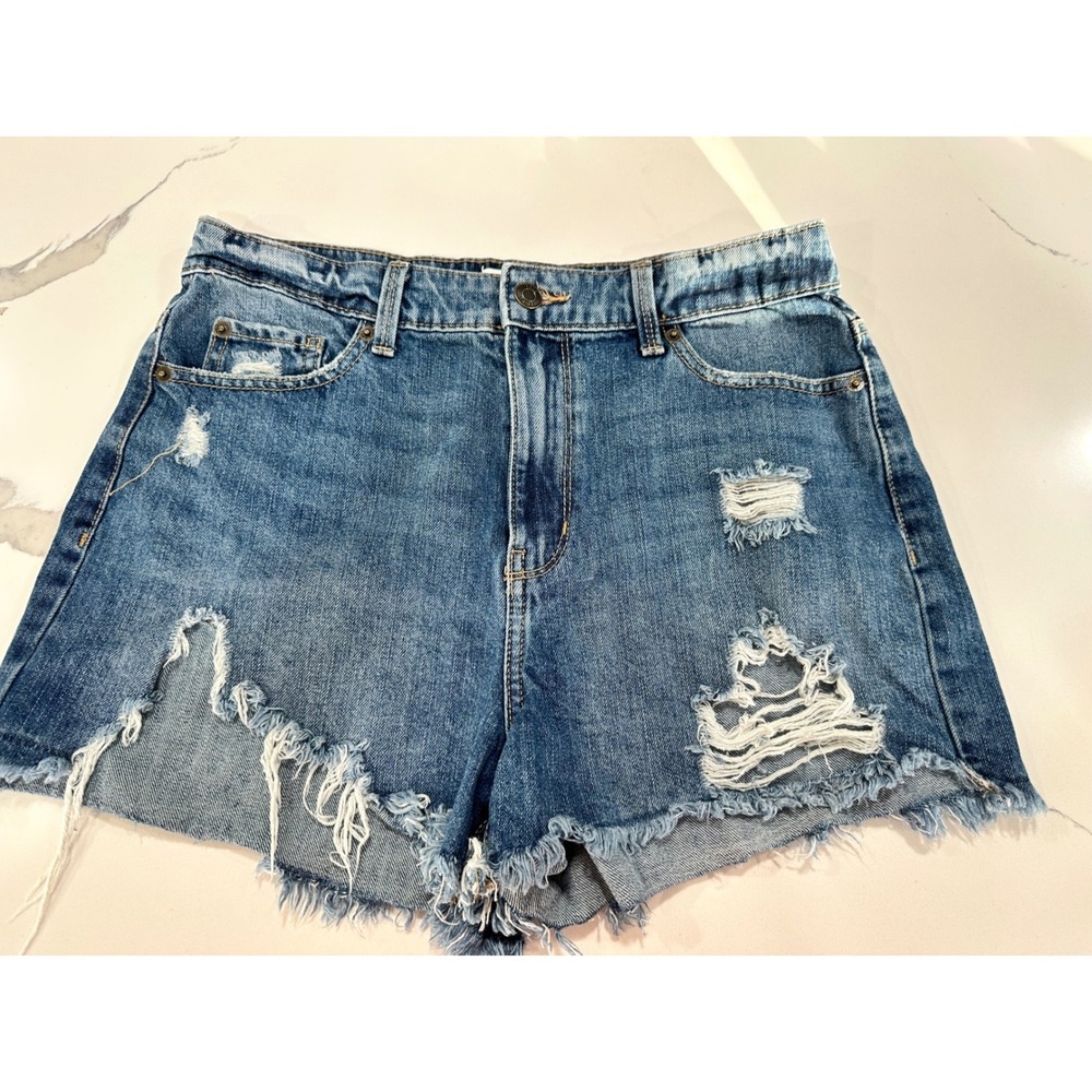 True Craft Denim Shorts Women's Size 9 High Rise Distressed Frayed Hem Blue